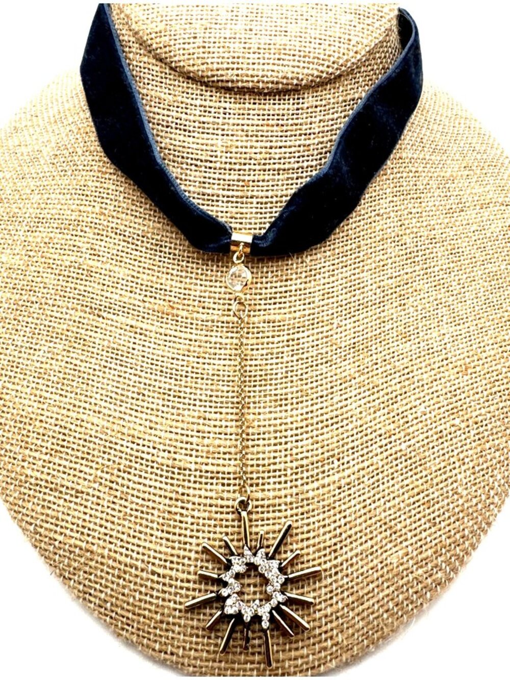 Sunburst Pendant Choker Necklace Blue Velvet Dangle Drop Gold Plated